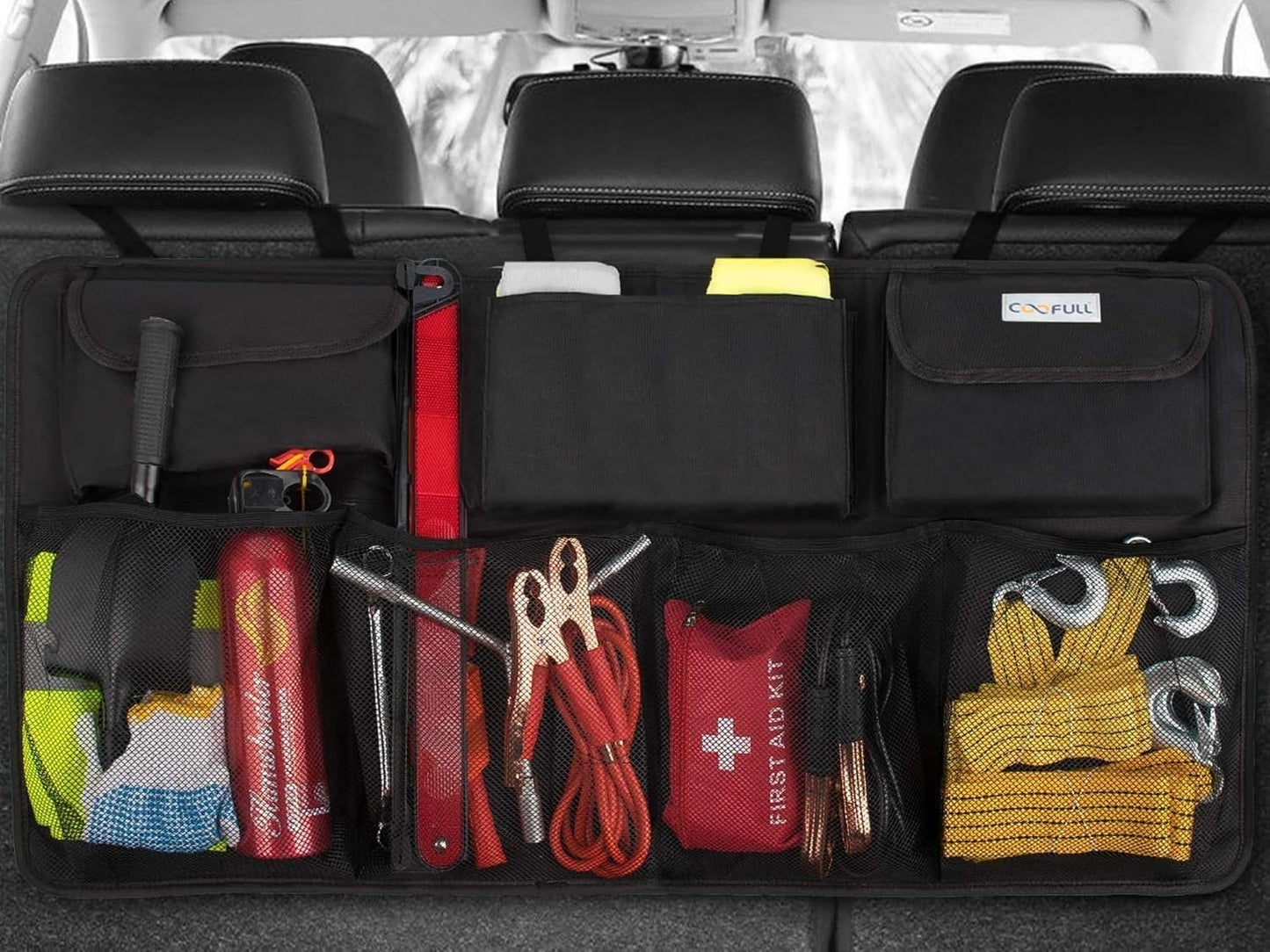 Car Trunk Organizer, Large Capacity Organizers and Storage, Equipped with 7 Durable Pockets, Hanging Trunk Organizer with Hook Side Strips, Sapce-saving Car Accessories Interior