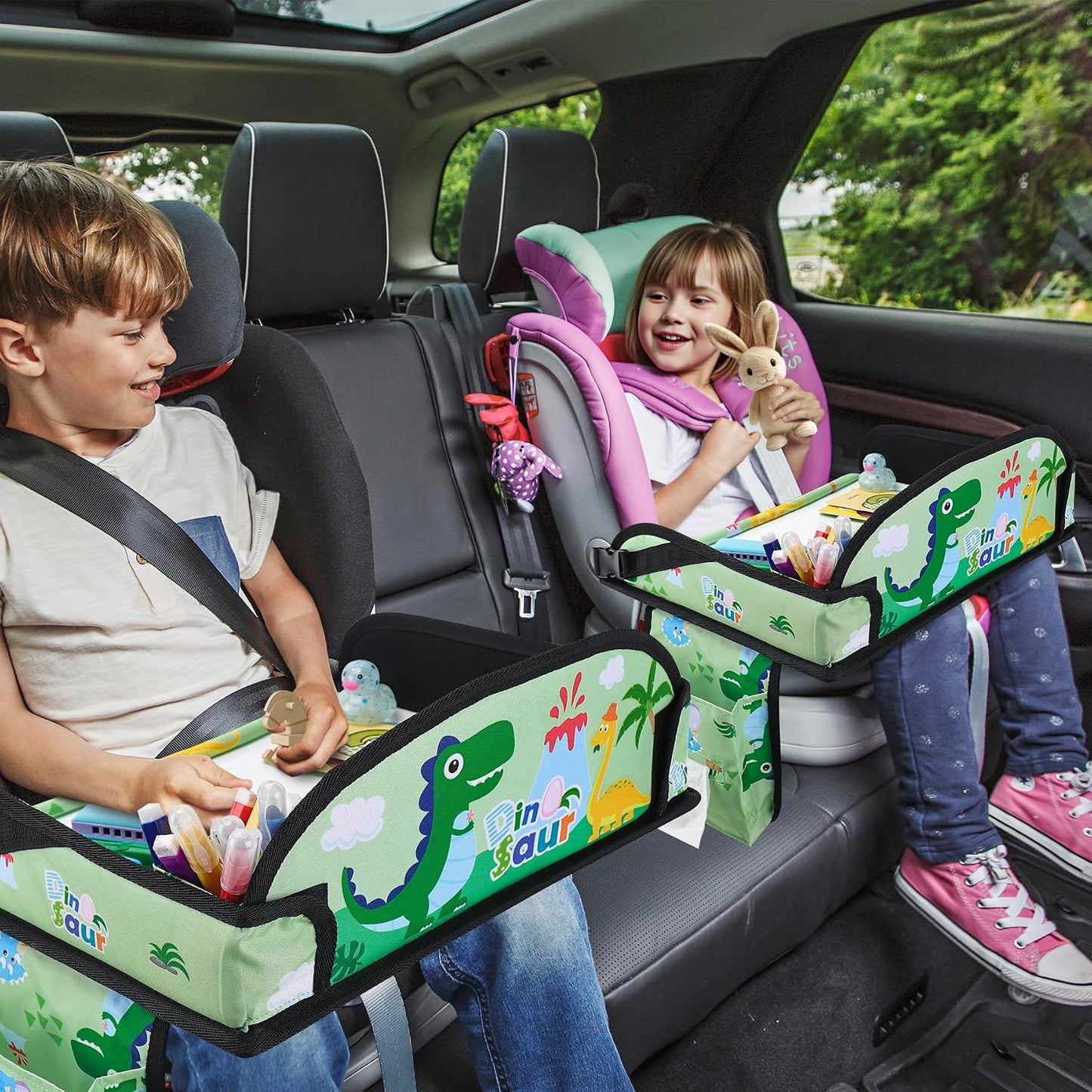 Kids Travel Tray, Kids Travel Trays for Car Seat, Road Trip Essentials for Toddler, Carseat Lap Tray with Dry Erase Board & Storage Organizer for Road Trip Activities for Kid, Green