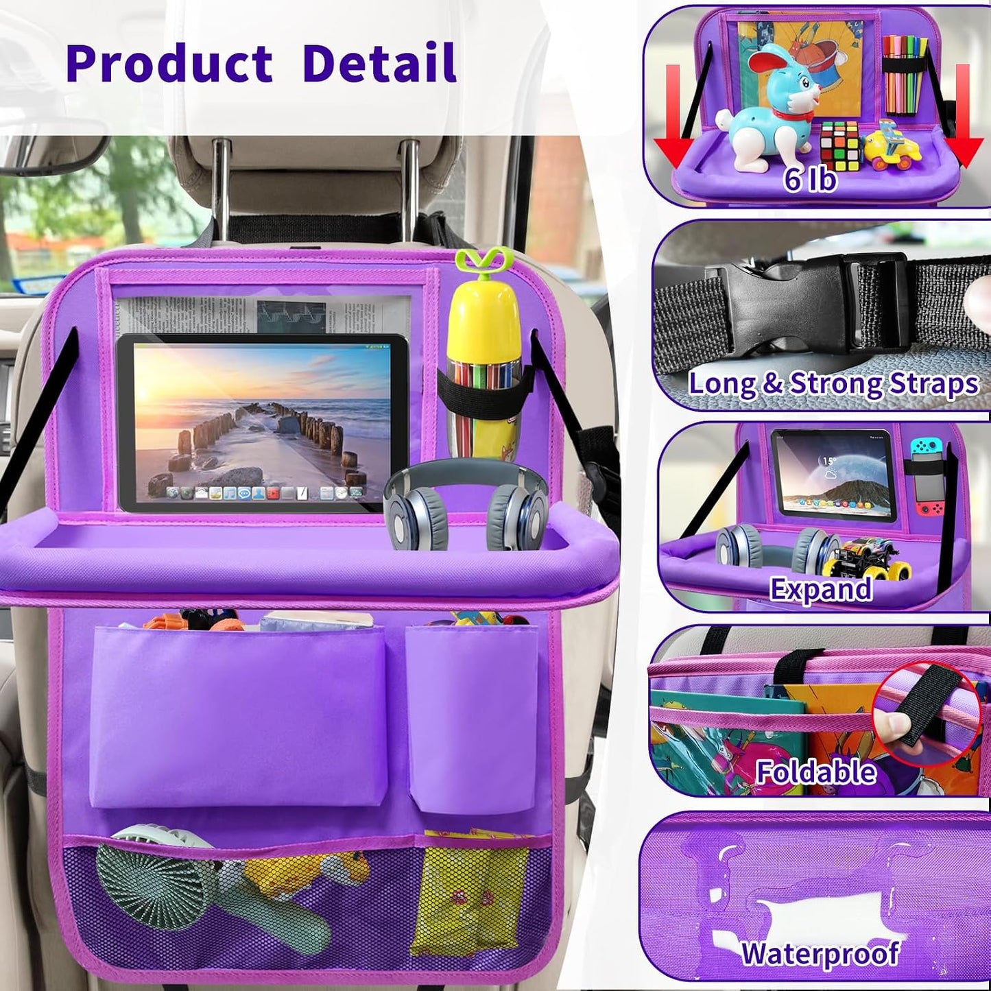 Car Seat Back Organizer Table Tray, Car Seat Storage Organizer for Kids with Foldable Tablet Holder, 6 Storage Pockets Kick Mats 600D Oxford, 2 Pack Purple