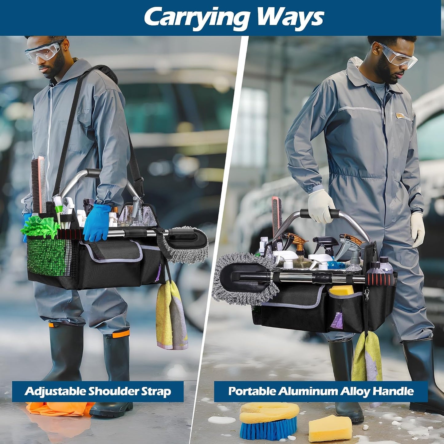 HODRANT Wearable Detailing Caddy, Quick Load Collapsible Car Care Bag with Handle & Shoulder Strap, Detail Carry Organizer with Multi Pockets for Auto Cleaning Supplies & Vehicle Wash Tools, Bag Only