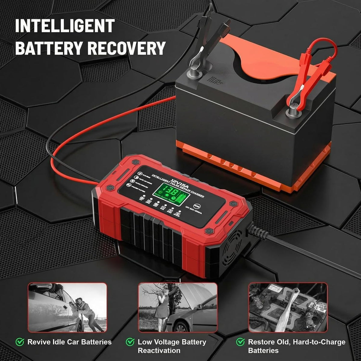 Car Battery Charger 12V 15A Smart Trickle Charger Fully Automatic