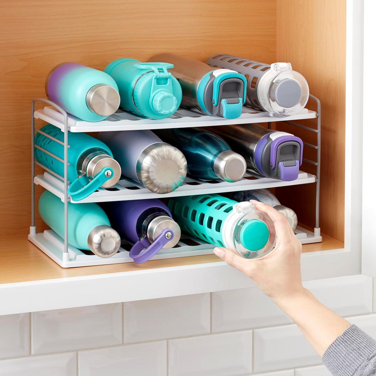 YouCopia UpSpace Water Bottle and Travel Mug Cabinet Organizer, Adjustable Storage Rack for Kitchen Organization, 3-Shelf Wide