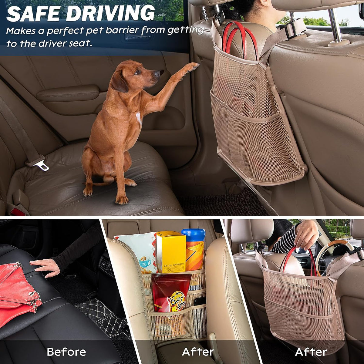eing Car Organizers and Storage Mesh Bag, Purse Holder, Car Net Pocket Handbag, Automotive Consoles & Organizers, Back Seat Pets Kids Barrier, Car Handbag Holder for Women, Beige