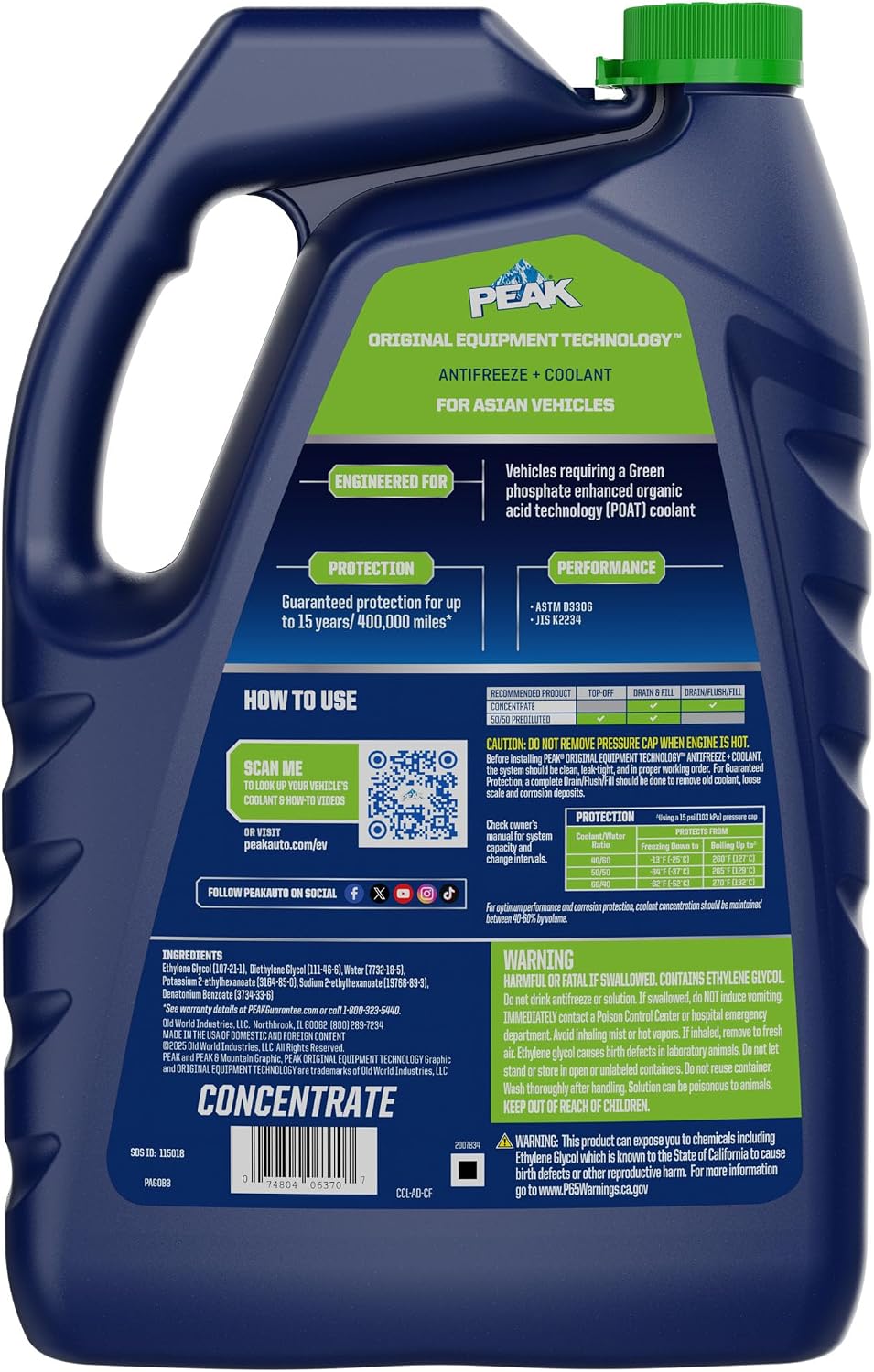 PEAK OET Extended Life Green Concentrate Antifreeze/Coolant for Asian Vehicles, 1 Gal.