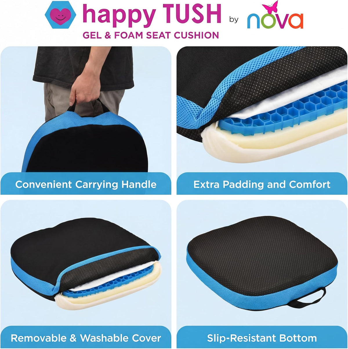 NOVA Happy Tush Gel Cell & Memory Foam Seat Cushion — Dual-Layer Pressure-Relief, 2.5" Thick, Foldable & Portable, Water-Resistant, Washable Non-Slip Cover, Home, Office & Travel