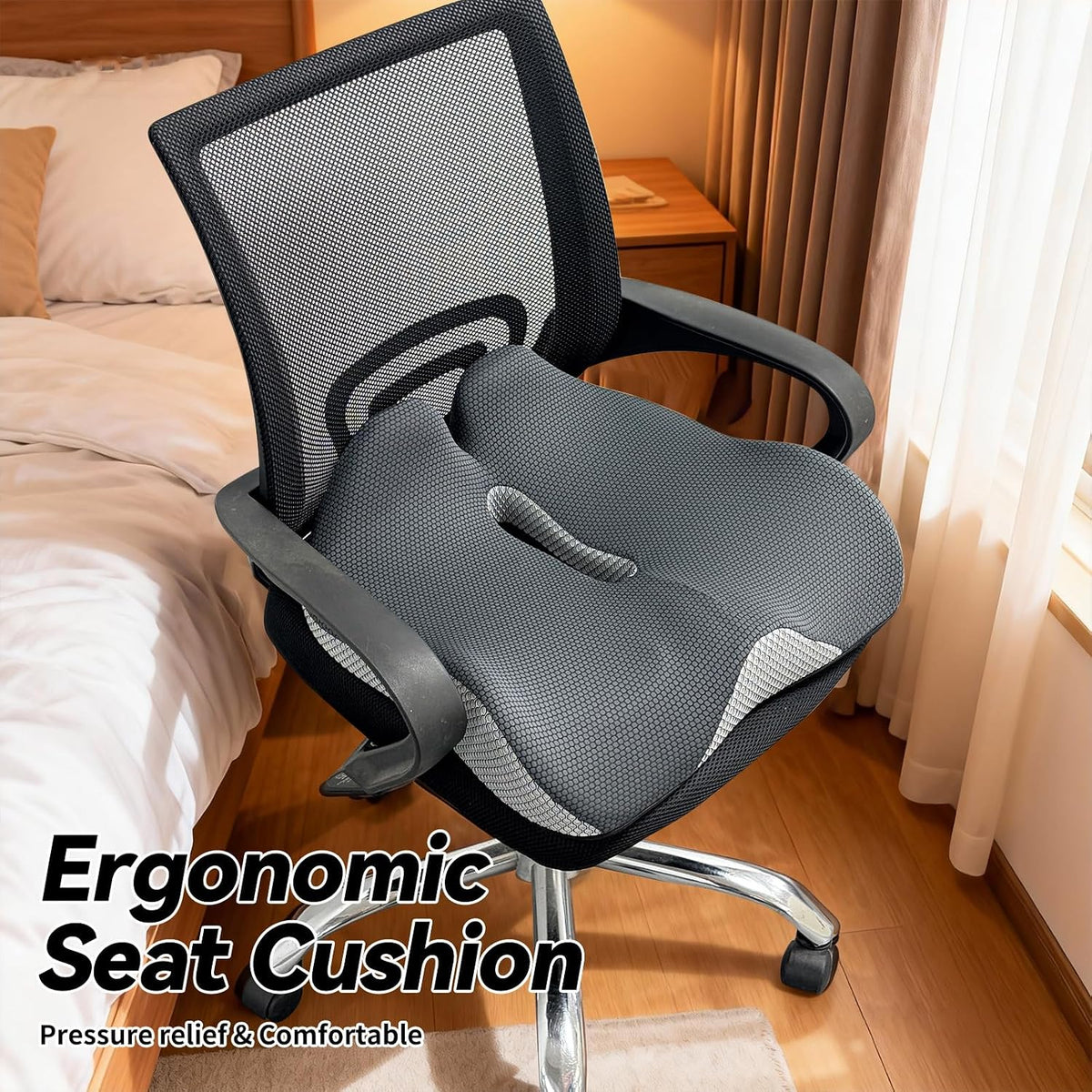 18x16 Inch Grey and Black Memory Foam Seat Cushion for Office Chair, Car Seat and Travel, Contoured Chair Pad with Removable Cover, Non-Slip Bottom and Carry Handle