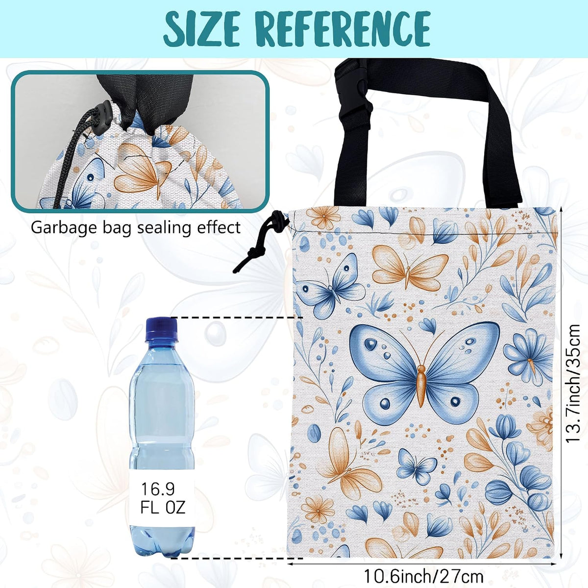 Car Garbage Bag Watercolor Blue Butterfly Hanging Canvas Car Trash Bag Drawstring Car Back Seat Organizer for Car Back Front Seat Console with Adjustable Buckle