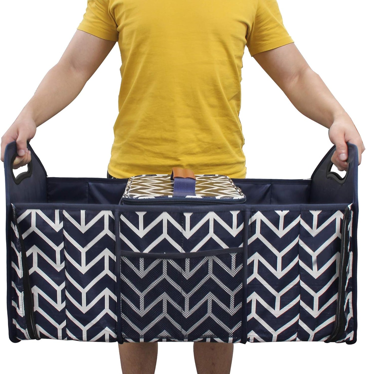 Orionstar Trunk Organizer, Foldable Car Storage Bag Insulation Cooler Bag | Collapsible Vehicle Organizer Divider Storage Totes with 3 Compartment Cargo Tote for SUV, Navy Blue