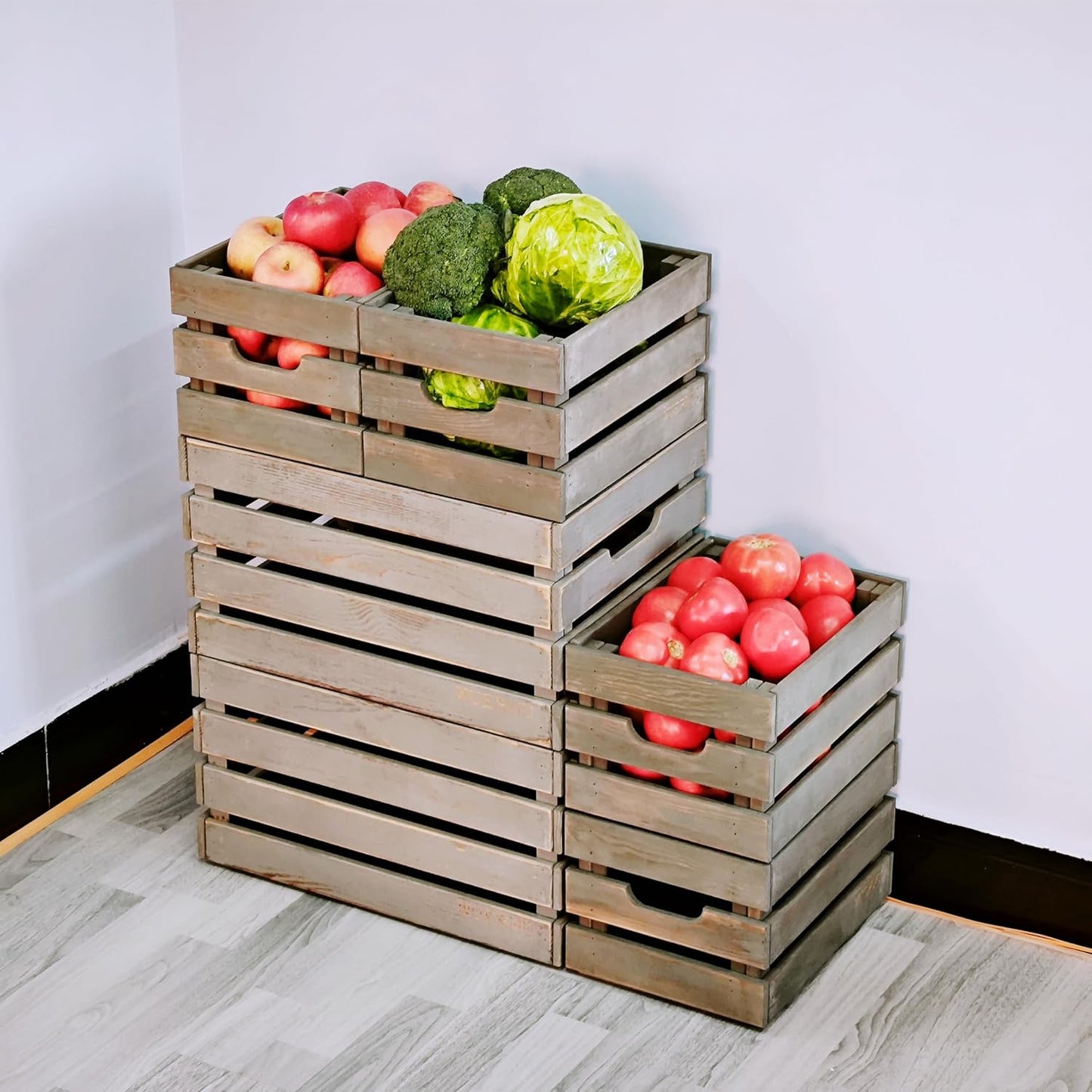 Gray Wooden Crates, Set of 4 Rustic Storage Boxes for Home Organization, Tool Box, Wine Carrier, and Camping Supplies, 12.2 Inches.