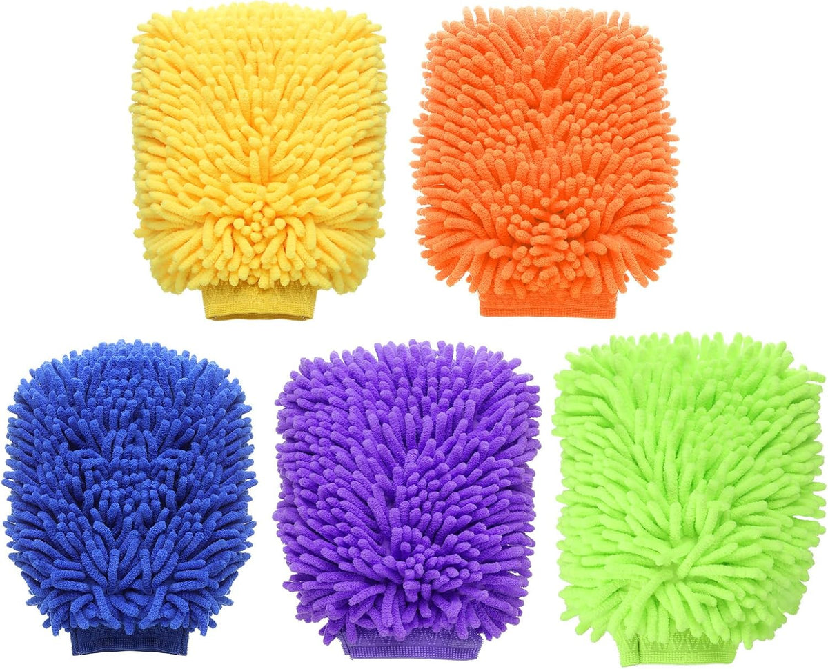 HARFINGTON 5pcs Chenille Microfiber Car Wash Mitts 9" x 5.5" Scratch Free Wash Gloves Absorbent Double Sided Plush Cleaning Drying Mitts for Car Washing Home Clean 5 Colors Mitts