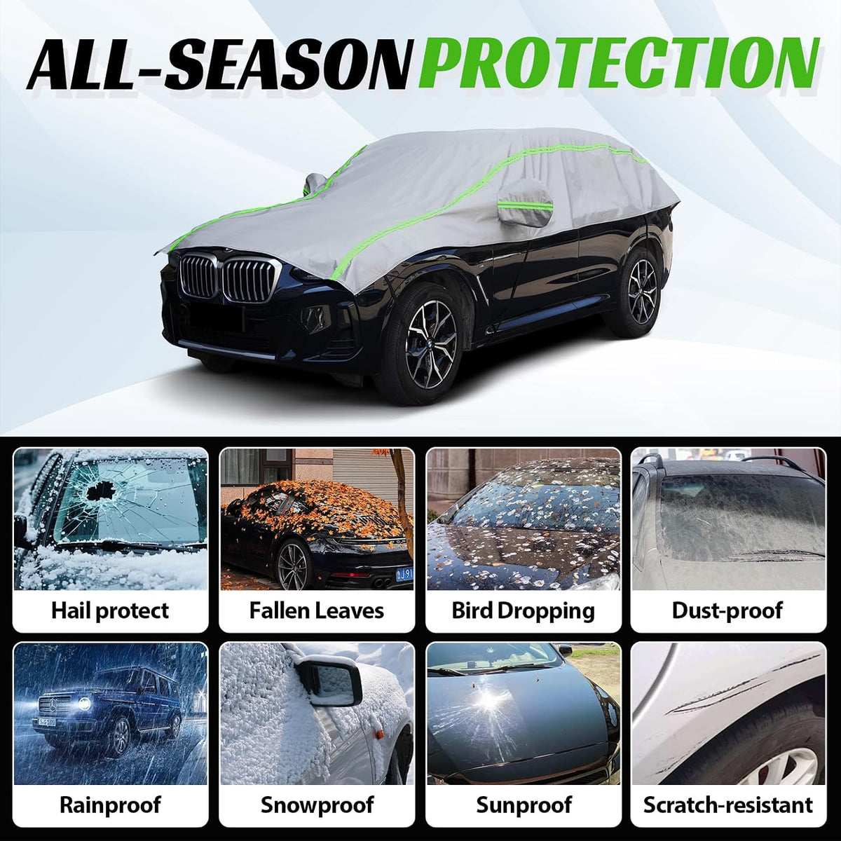 Half Car Cover with Green Reflective Strip, Windshield Cover for Ice and Snow with Cotton Liner, Hail Protector Car Cover Waterproof All Weather for Snow, Sun, Rain, Dust, UV Protection Fit SUV M