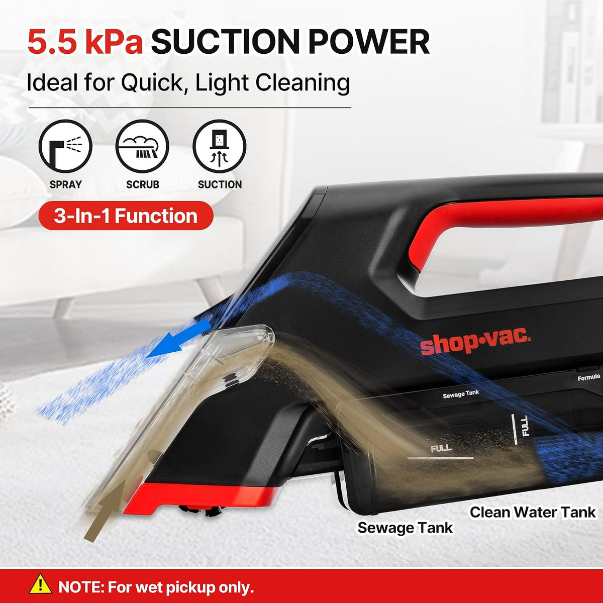 Shop-Vac 3-in-1 Cordless Spot Cleaner, Handheld Upholstery Cleaner with Spray, Rolling Brush and 5.5kPa Suction, 2 Water Tanks, USB-C Rechargeable