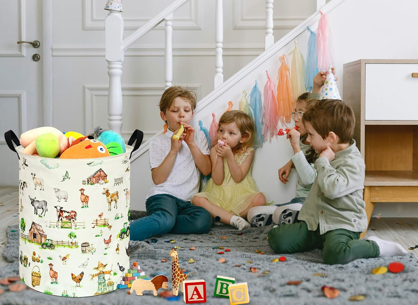 Collapsible Kids Laundry Basket Clothes Hamper, Foldable Storage Organizer Bin, Toy Clothes Storage with Handles for Boys Girls Bedroom, Room Decor Farm