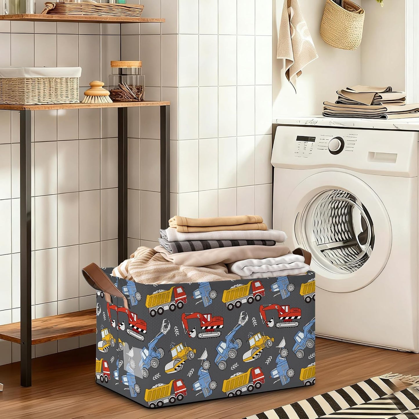 Storage Bins with Handles, Oxford Cloth Storage Basket with Sturdy Frame, Excavator Car Collapsible Organizer for Closet, Shelf, Clothes, Towels, Home Storage