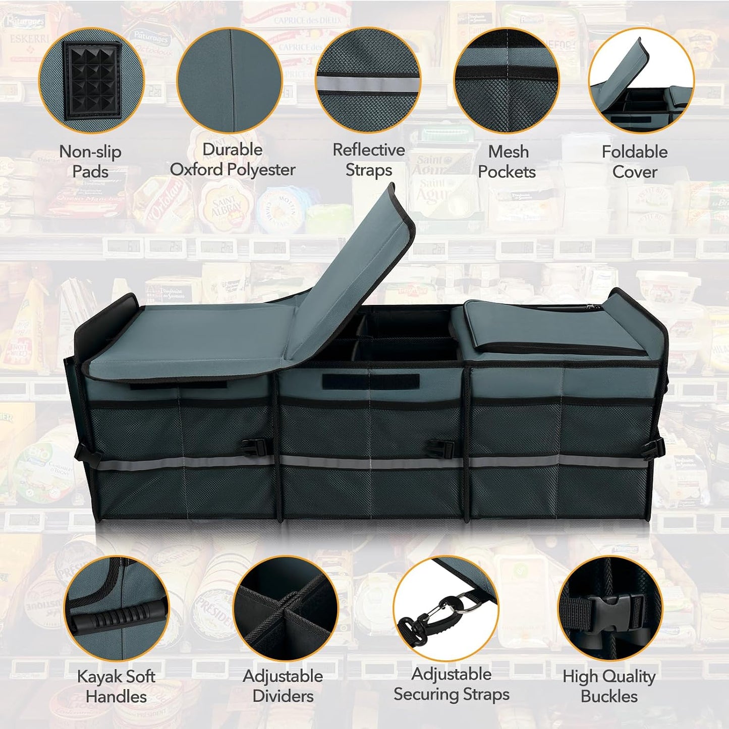 HEYTRIP Large Trunk Organizer With Built-in Leakproof Cooler Bag, 2 Tie-Down Straps, 4 Removable Dividers, Foldable Cover, Built with 2mm PE Board, Gray