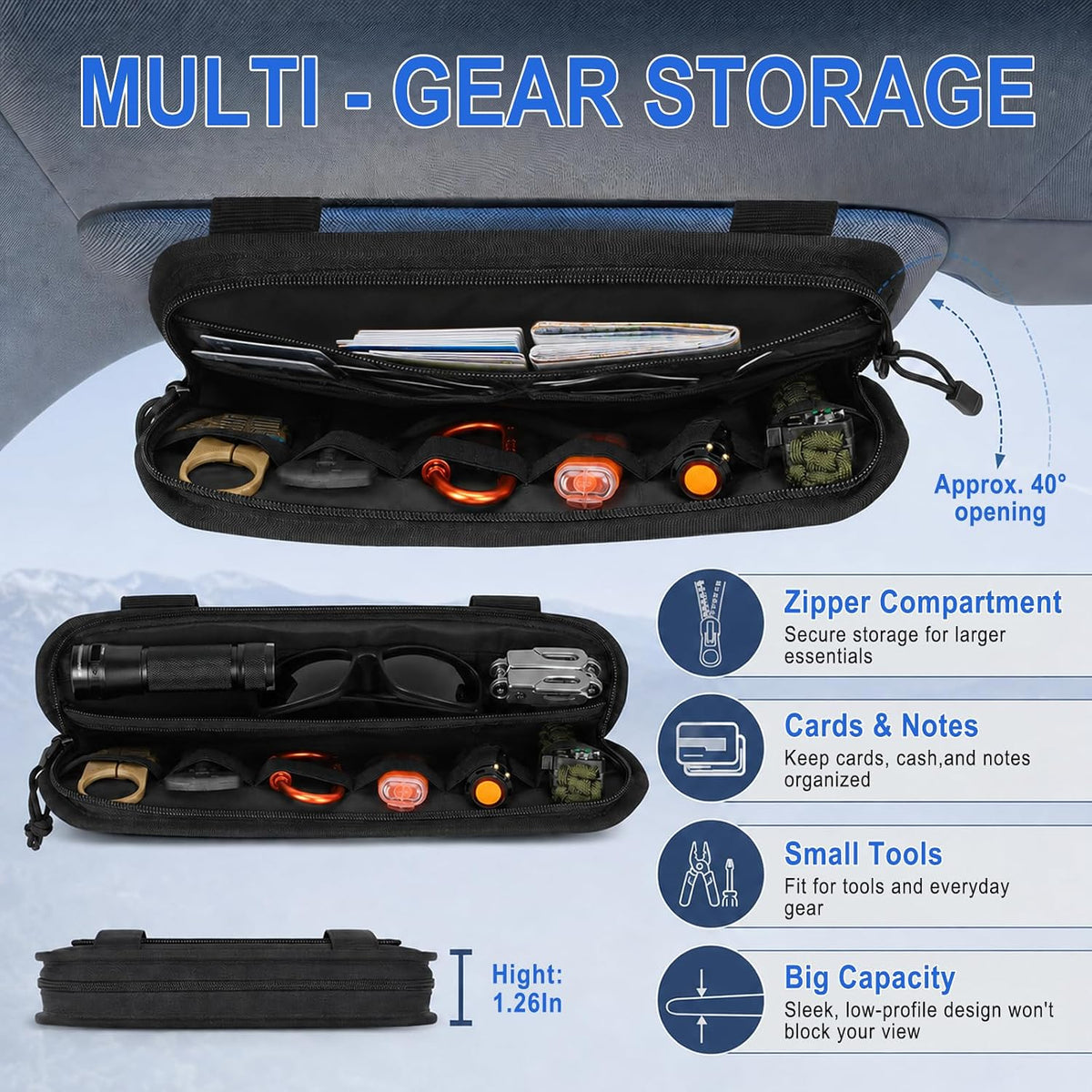 Molle Panel Car Sun Visor Organizer, Zipper Storage Pouch & Glasses Clip
