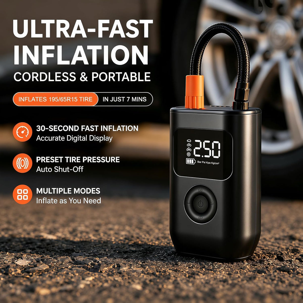 Portable Cordless Tire Inflator, Digital Air Compressor with LED Light, Auto Shut-Off, 4 Pressure Modes, Rechargeable, for Car, Bike, Ball