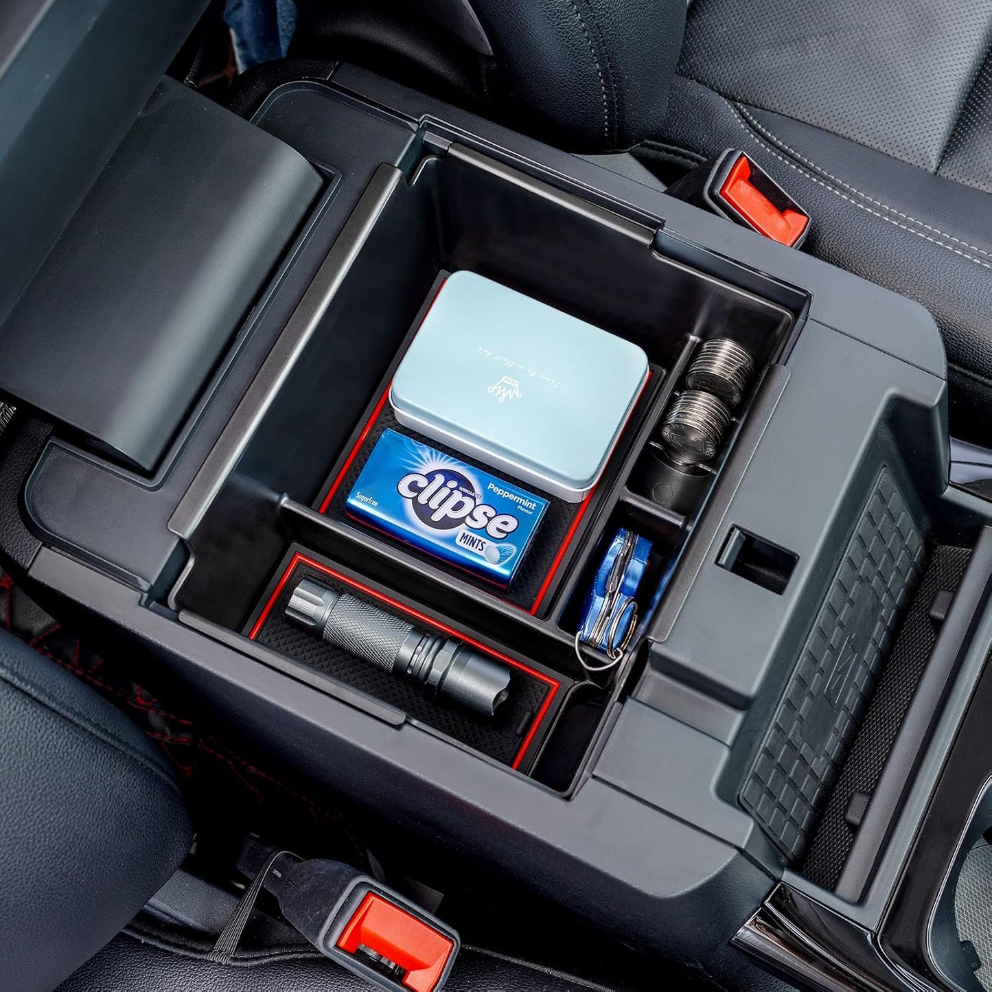 TOPINSTALL 2020-2026 Ford Explorer Console Organizer Tray - Compatible with 2020-2026 Ford Explorer Deep Armrest Storage Box with Coin Holder & Non-Slip Mats, Red Interior 6th Gen Explorer Accessories