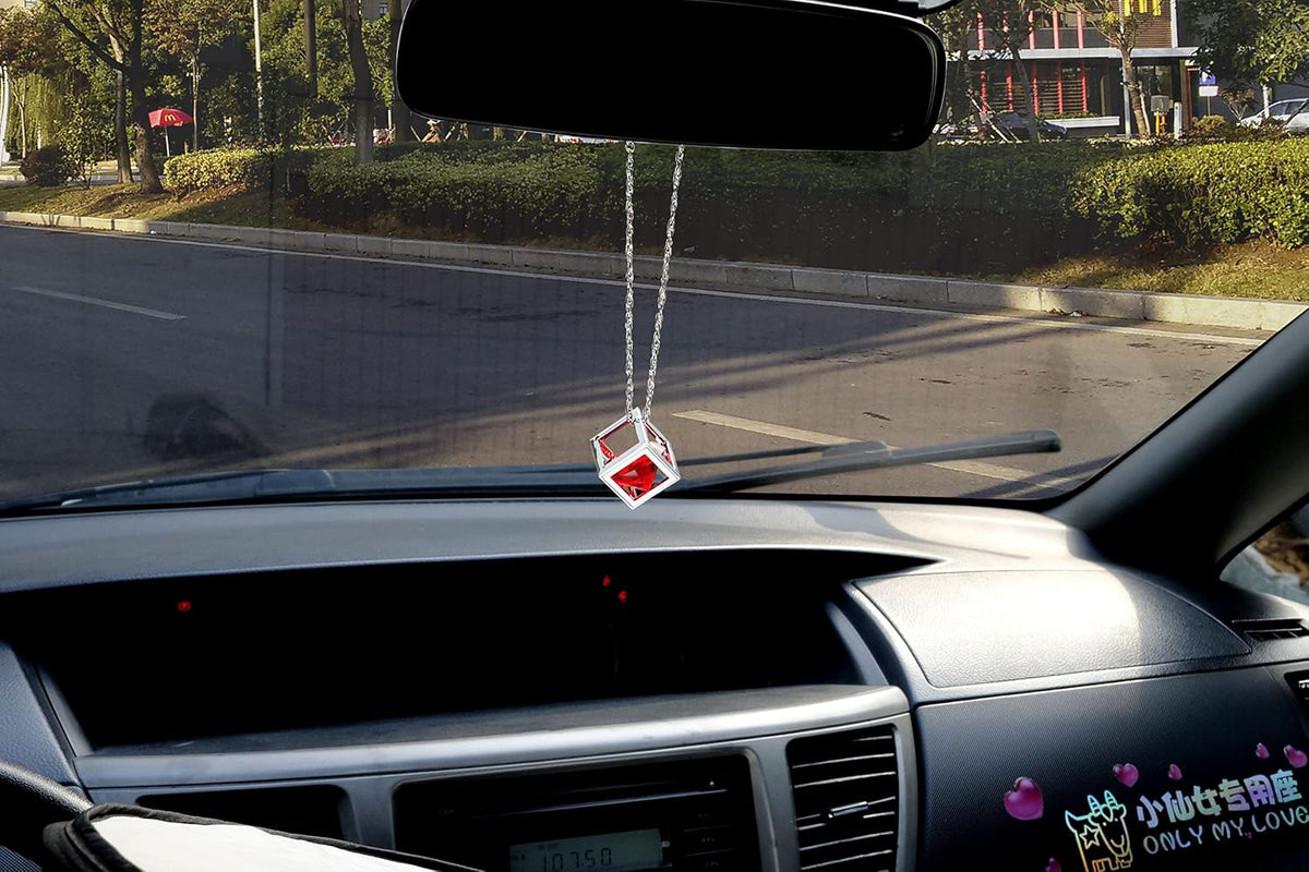Bling Diamond Cube Car Rear View Mirror Charms, Crystal Rhinestone Cube Hanging Ornament for Automotive, Home Decor (Red)