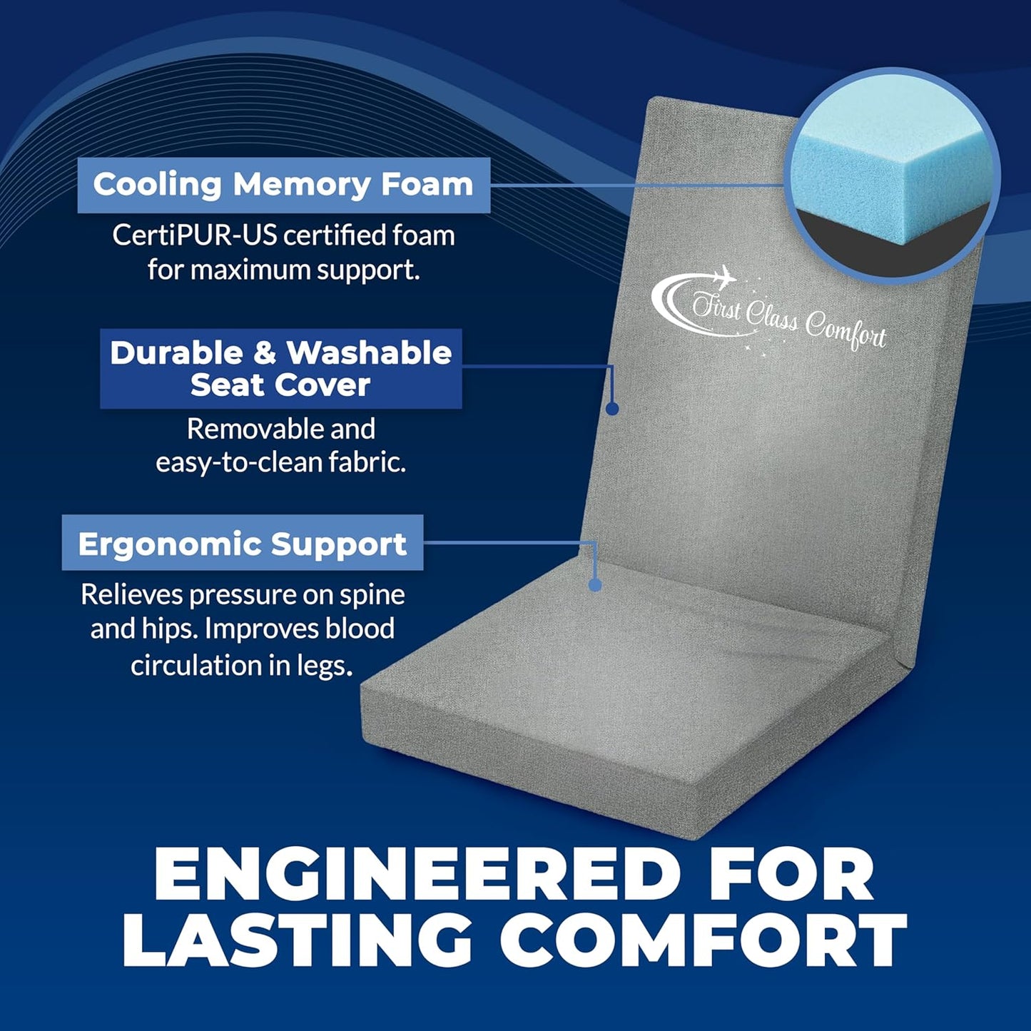 Stratos, Pure Cooling Memory Foam Seat Cushion, Ergonomic Support, Portable for Airplanes, Office Chairs, Cars, and Trains, Pressure Relief