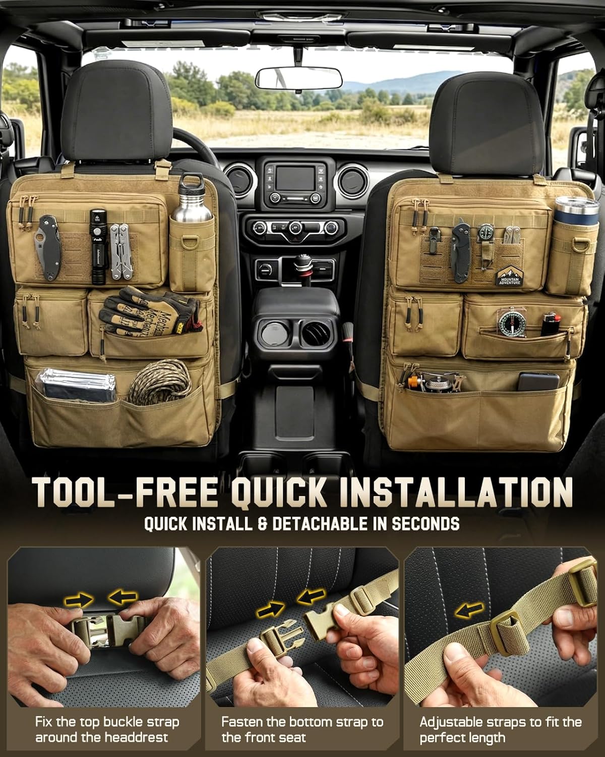 All in One Car Seat Back Organizer Fit Most Cars SUV Trucks Jeeps | Heavy Duty Molle Panel Seat Back Protector with Multi-Pockets Storage, for Tools, Toys, Camping, Travel, Daily Commuting