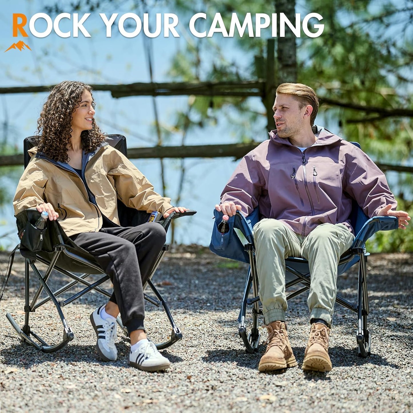 Portal Camping Rocking Chair Outdoors Folding Portable Rocker with Cup Holder Side Pocket Carry Bag, Support 350LBS, Black