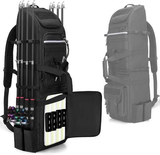 Rexmica Fishing Rod Bag Backpack Holds 8 Rods & Reels, Fishing Tackle Bag with Compartment for Tackle Boxes, Fishing Gear or Equipment, Fishing Pole Carrying Bag with Tactical Molle System
