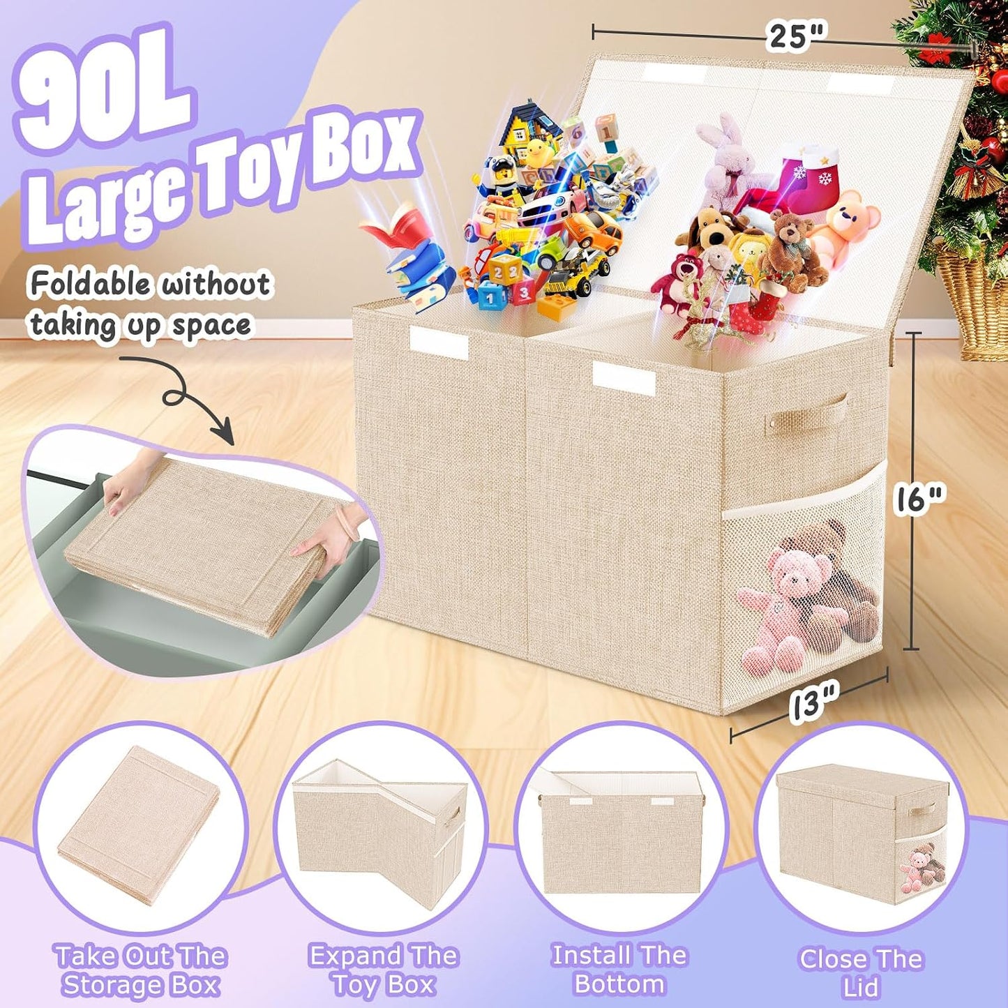 Large Toy Storage Box with Lid Divider, Sturdy Collapsible Toys Organizer Chest Kids Storage Bins Boxes Baskets for Boys, Girls, Nursery, Bedroom, Living Room, Playroom, 25"x13"x16", Beige