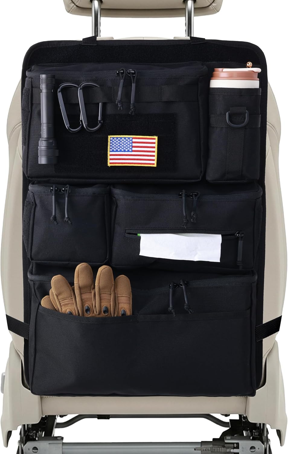 Tactical Car Seat Back Organizer, 600D Nylon MOLLE Seat Organizer with 6 Pockets, Hook and Loop Panel, Universal Fit for Car SUV Truck Jeep, Black