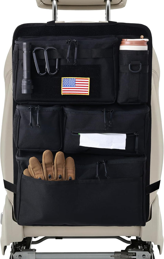 Tactical Car Seat Back Organizer, 600D Nylon MOLLE Seat Organizer with 6 Pockets, Hook and Loop Panel, Universal Fit for Car SUV Truck Jeep, Black