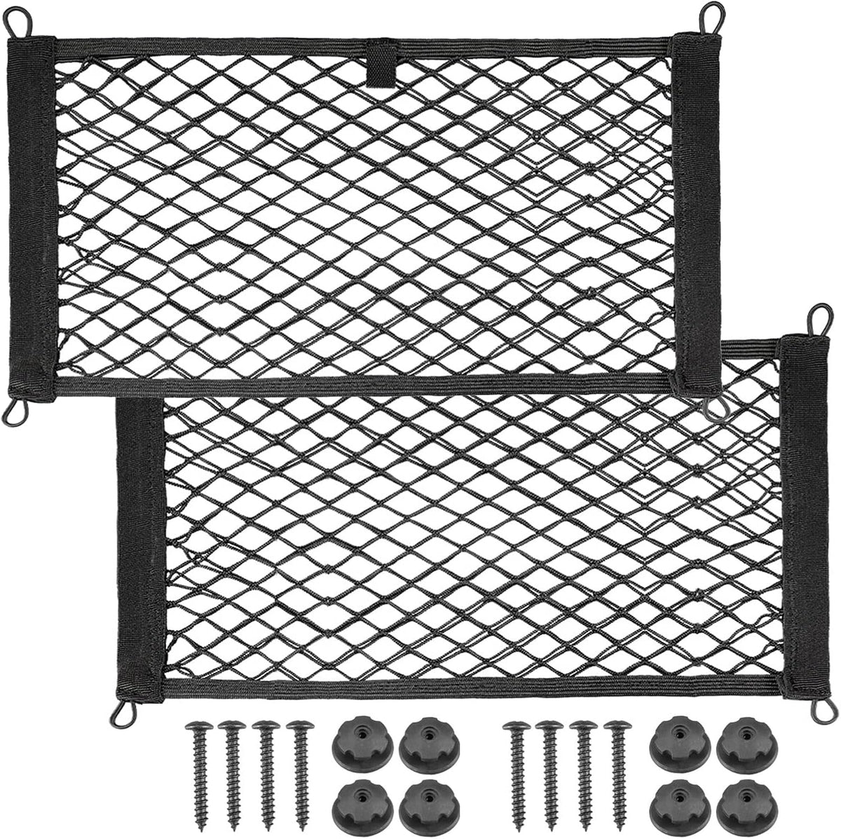 2 Pack Universal Mesh Cargo Net，BetterJonny Stretchable Elastic Automotive Cargo Nets with 8 Pieces Mounting Screws and Hooks for Car Trunk Storage Mesh Pocket Net(24 x 9.8 Inches)