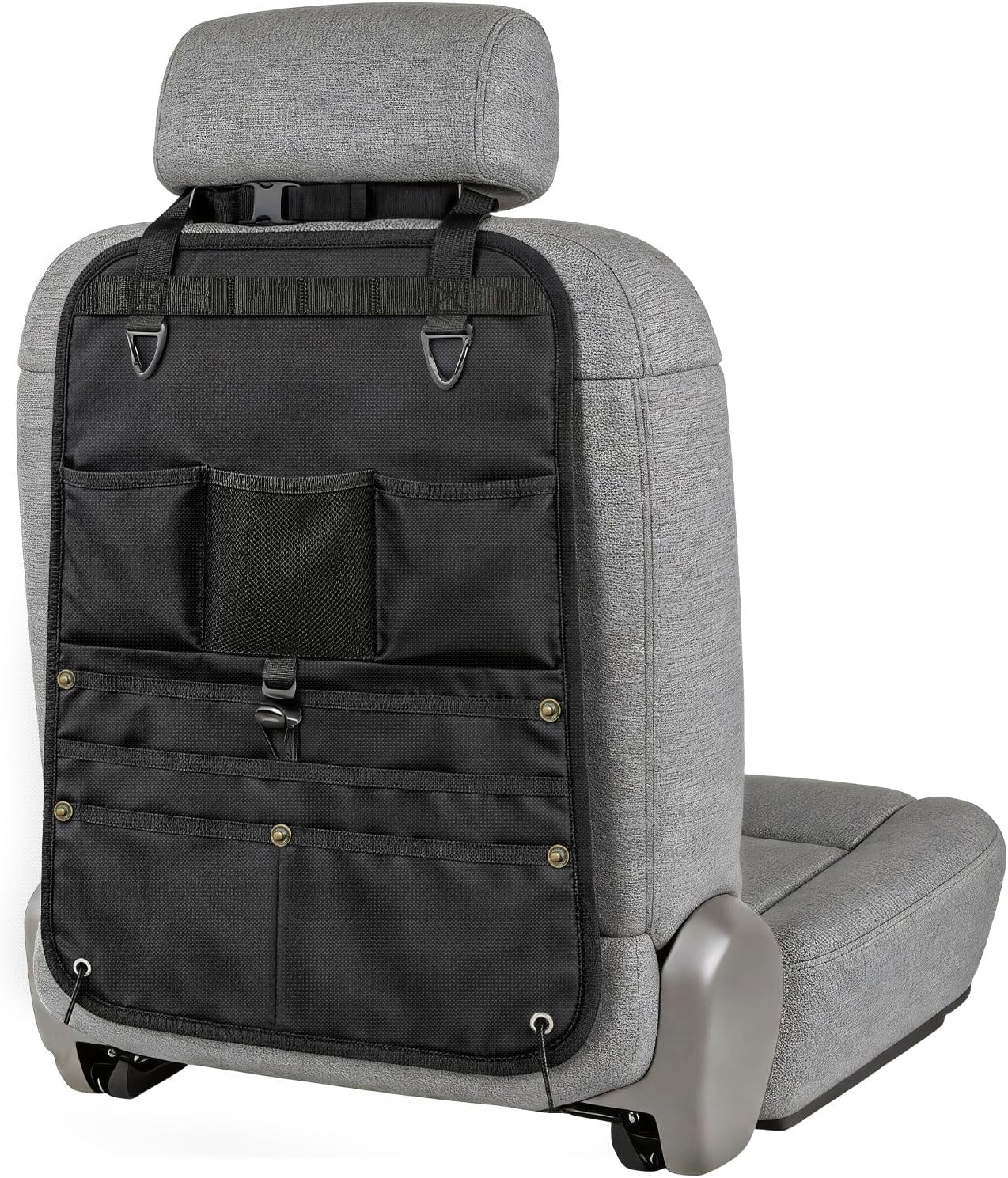 1 Pack Backseat Car Organizer, Heavy Duty Nylon Seat Back Organizer with 7 Storage Pockets, Anti-Swing Straps & Modular Webbing Panel for Cars, Work Trucks, SUVs, and Pickups