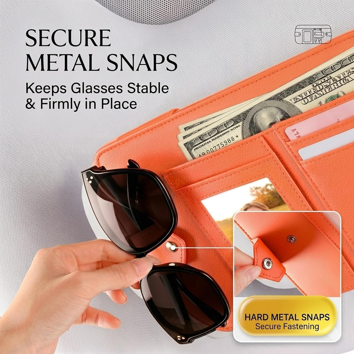 Car Sun Visor Organizer, Multi-Pocket Auto Interior Storage Pouch with Secure Metal Clip Hook and Loop Straps, PU Leather Visor Case for Sunglasses, Cards, Photos, Pen, Universal Fits (Grey)