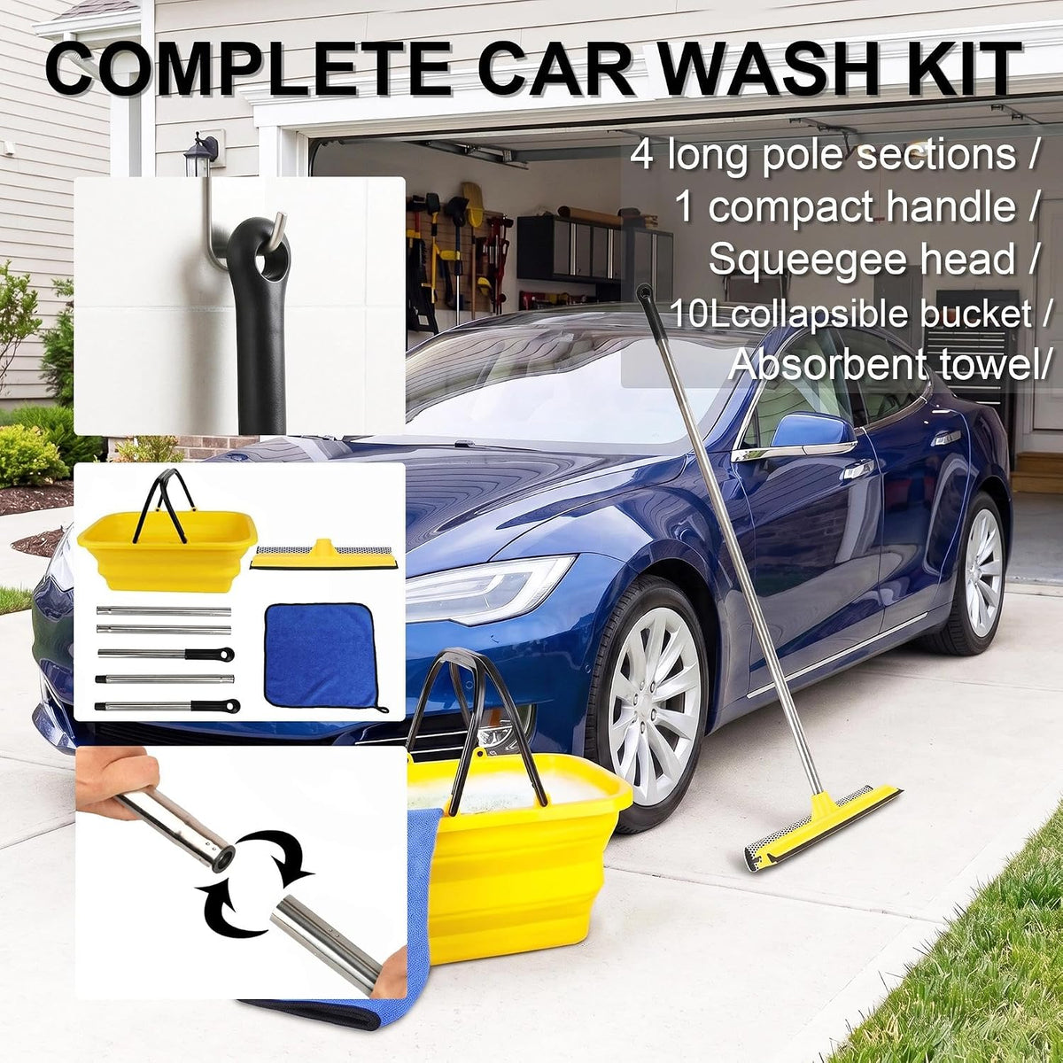 Window Cleaning Kit with 10L Collapsible Bucket