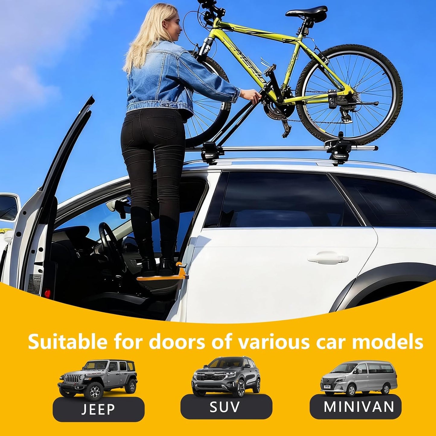 Car Door Step, Folding Aluminum Alloy Step with Window-Breaking Hammer & Escape Tool, Universal Fit Roof Rack Access for Most Cars/SUVs/Trucks, Max Load 400 lbs(Long)