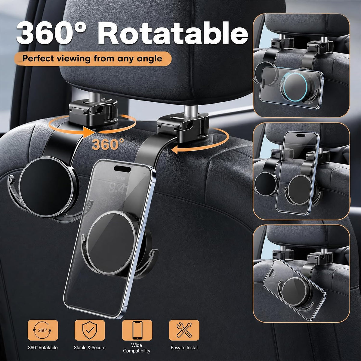 Phone Holder for Backseat, 360° Rotation Adjustable Snap-on Magnet Phone Holder, Car Headrest Hook with Swivel Magnet Phone Holder, Universal Car Headrest Hooks for Bags Handbag Grocery Bag