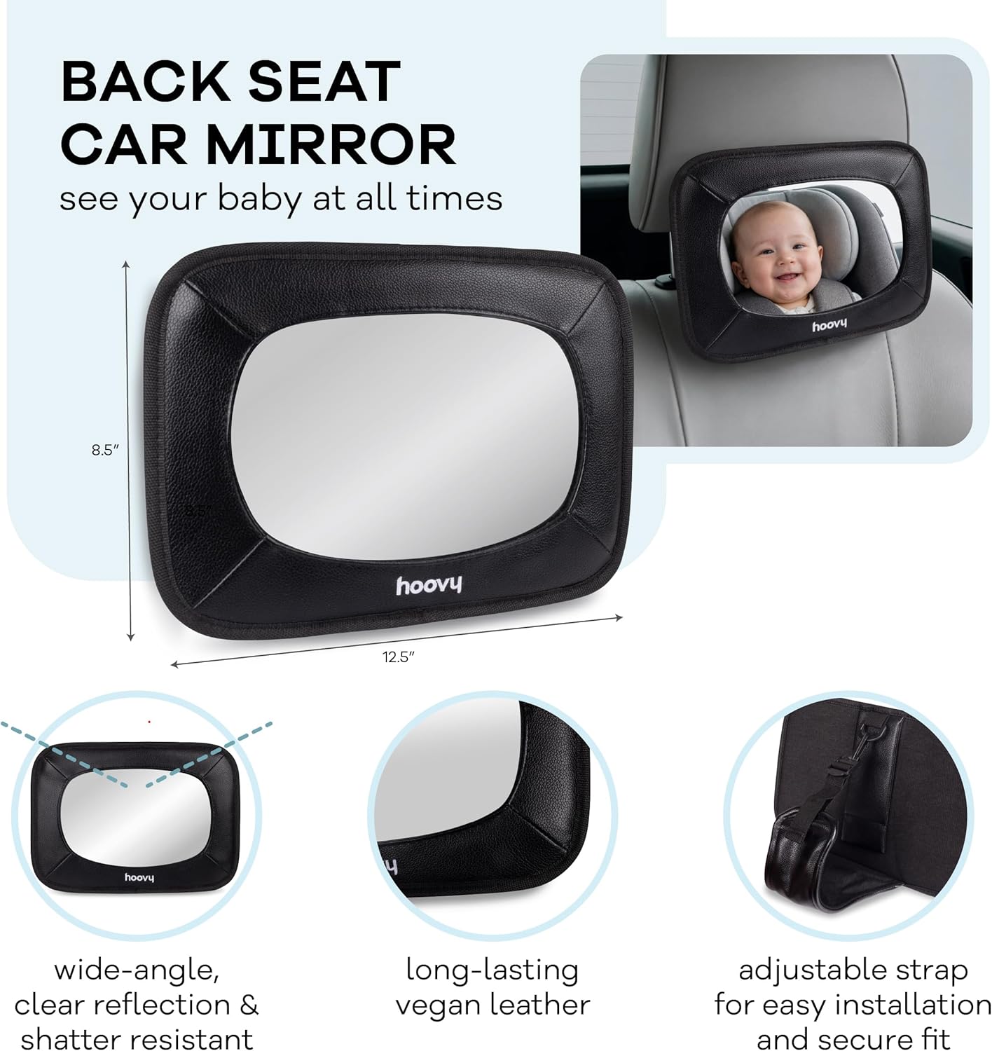 Hoovy My First Car Ride™ 3-in-1 Baby Car Essentials Bundle, Roller Sun Shades, Rear-Facing Mirror, and Seat Protector