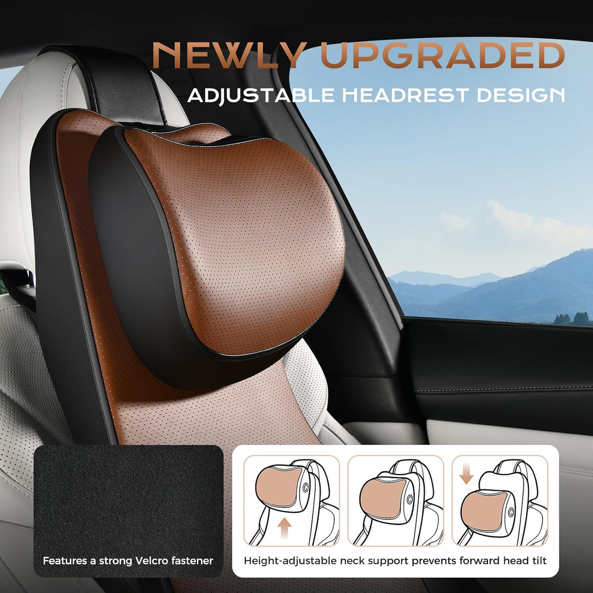 Coverado Neck and Lumbar Support for Car, Ergonomic Memory Foam& Breathable Leather Car Back Support, Adjustable-Height Velcro Design Car Neck Pillow, Car Cushion Neck Back Pain Relief, Black&Brown