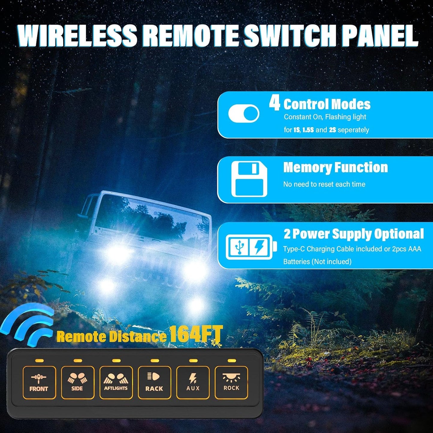 6 Gang Wireless Switch Panel,Multifunction Remote Switch Panel for Offroad Lights with 4 Modes & 2 Power Options & Waterproof -Wide Applicable for 12V/24V Vehicles Truck SUV ATV UTV Boat etc.