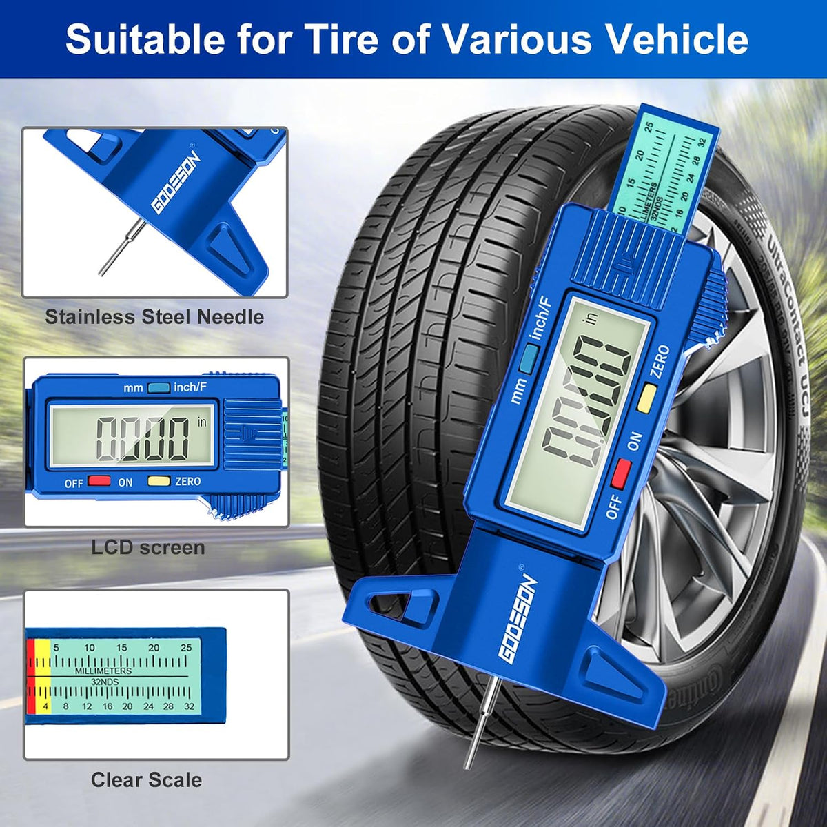GODESON Tire Tread Depth Gauge, Digital Tire Tread Depth Gauge with 3 Modes-Fractional Inch,Blue Tire Depth Gauge with Color-Coded Bar,Tread Depth Gauge Suitable for All Vehicle Tires