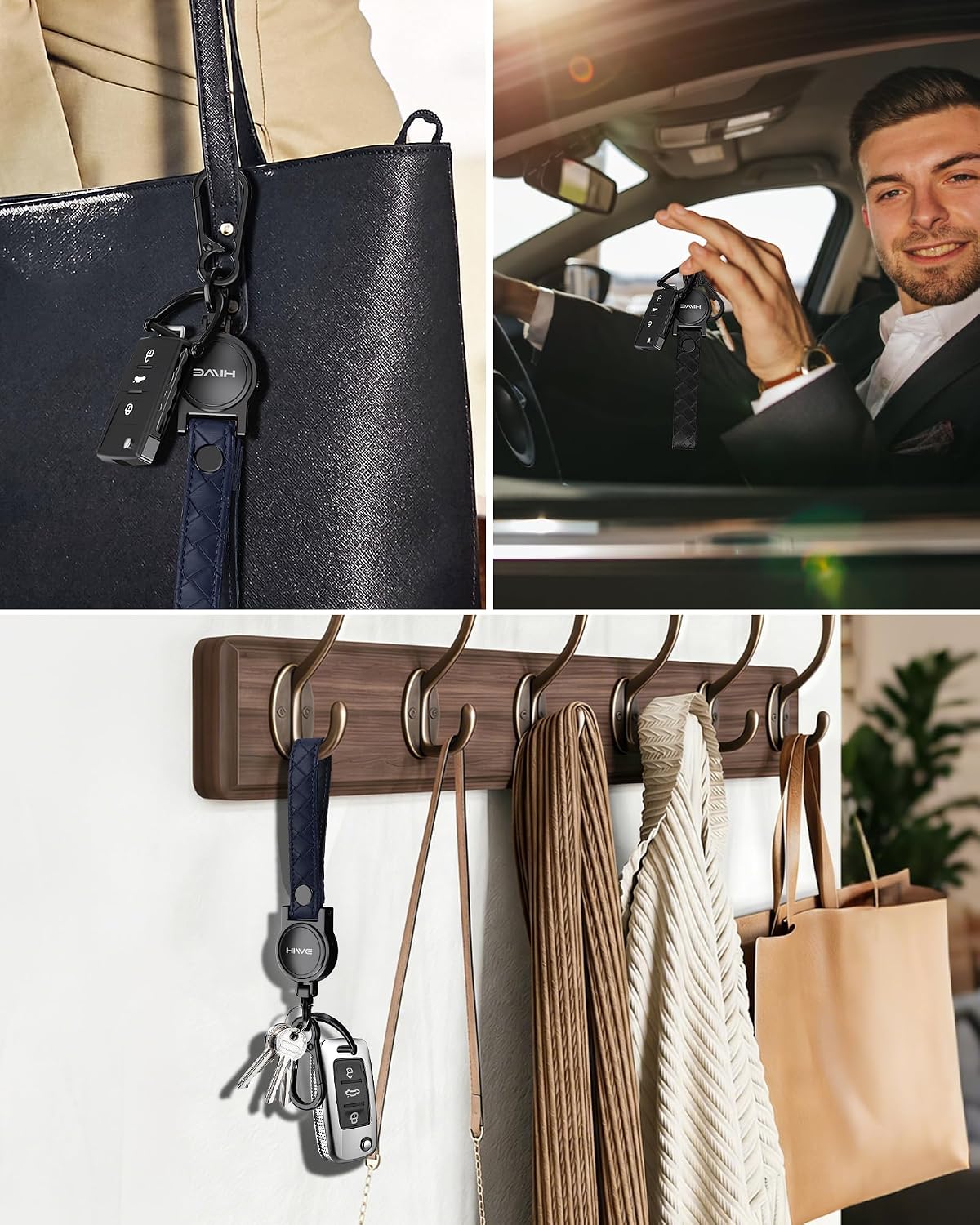 HiWe Anti-Lost Keychain, Works with Apple Find My, Carabiner Car Key Holder with Texture Leather Strap, Bluetooth Key Finder Tracker, USB-C Rechargeable, Navy Blue
