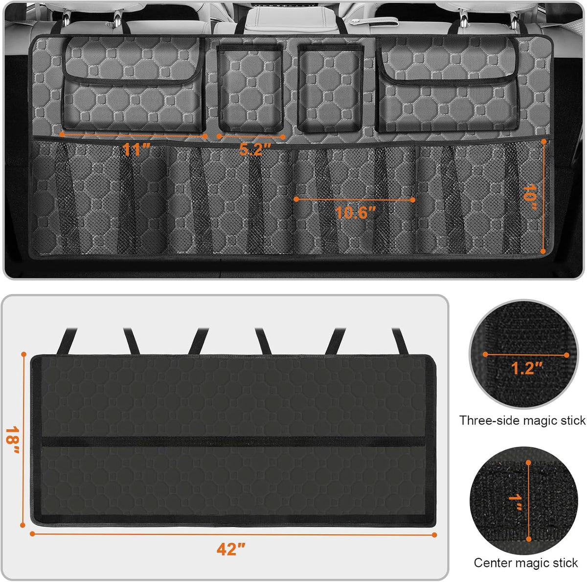 esouler Car Trunk Organizer, Super Capacity Backseat Car Organizer for SUV/Truck/MPV(42"*18"), Hanging Car Storage Organizer with 8 Pocekts, Car Accessories for Women and Men- Grey
