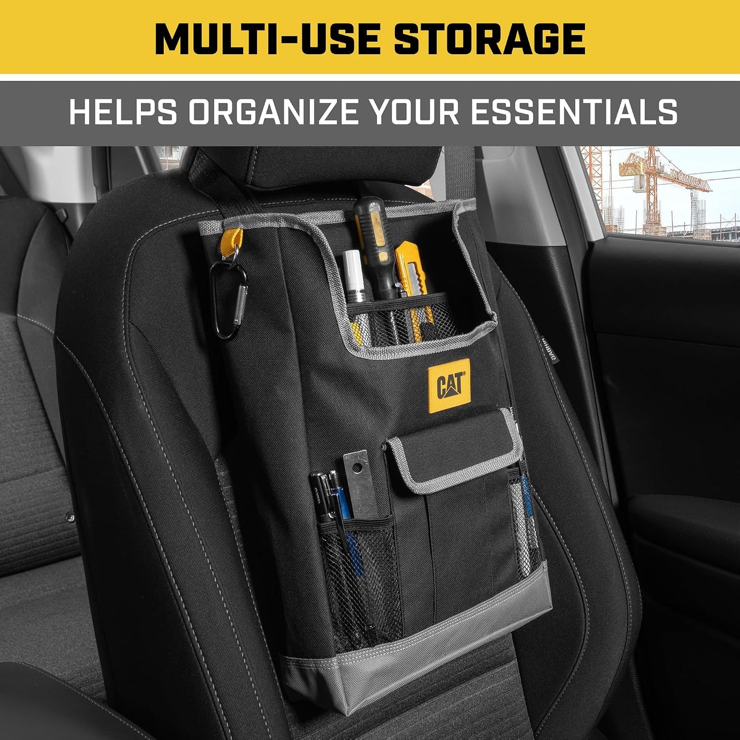 CAT® Car Seat Organizer & Trash Can Cooler Bundle – Portable Seat Caddy with Adjustable Straps + 2.4 Gallon Leak-Proof Hanging Trash Bin with Waterproof Liner, Car Accessories for Cars Trucks SUVs