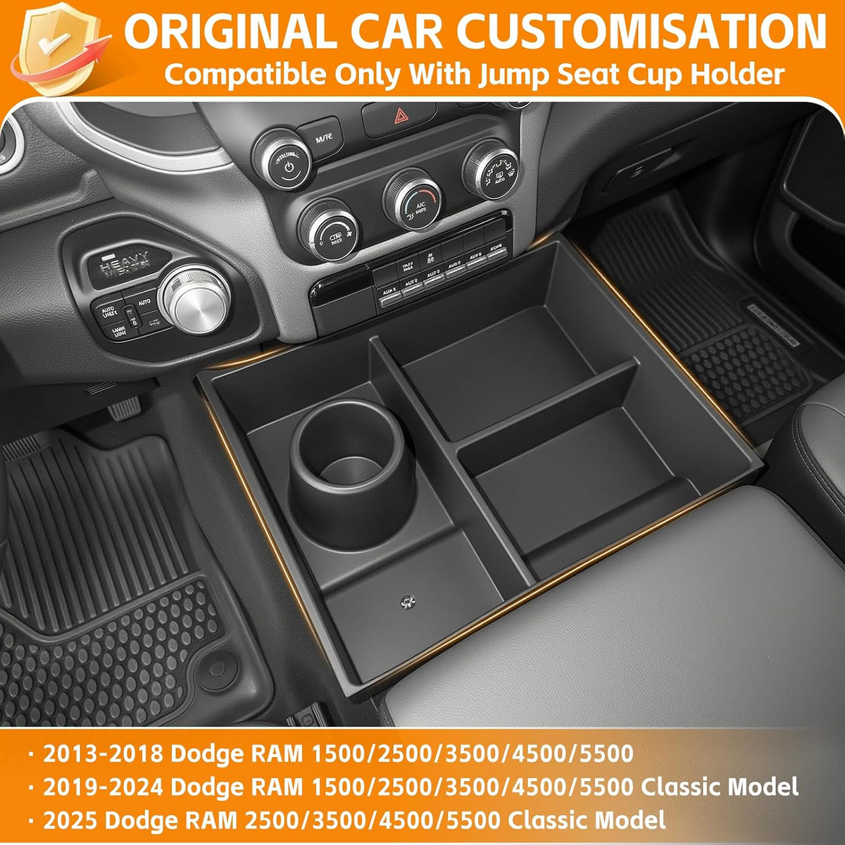 Bench Seat Floor Organizer Compatible with 2013-2025 Ram 1500 2500 3500-5500 Classic Center Console Storage Organizer Under Seat Box Bin Cup Holder for RAM Accessories(RAM Classic Bench Seat)