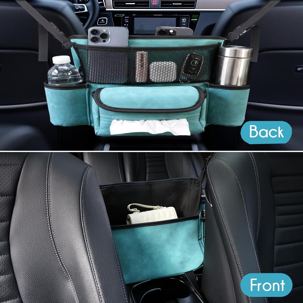 Car Handbag Holder Between Seats Suede Large Capacity Car Purse Holder Automotive Consoles, Fits Between Front Seats, Holds Wallet, Phone & Essentials (Blue)