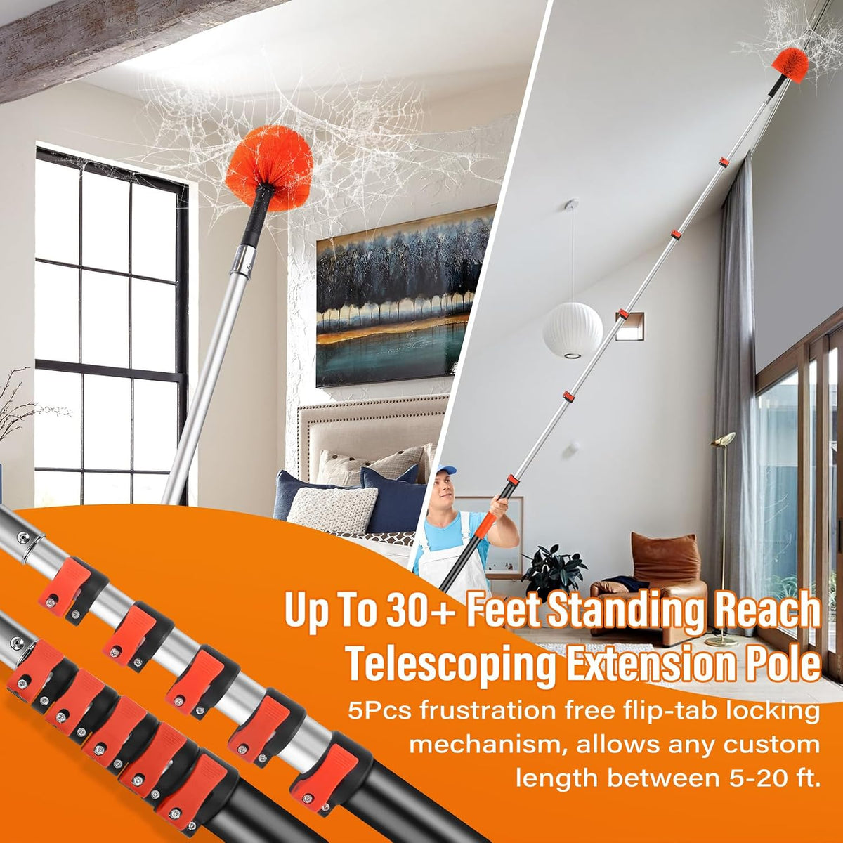 30FT Reach Cobweb Duster with Extension Pole,Spider Web Brush for Cleaning