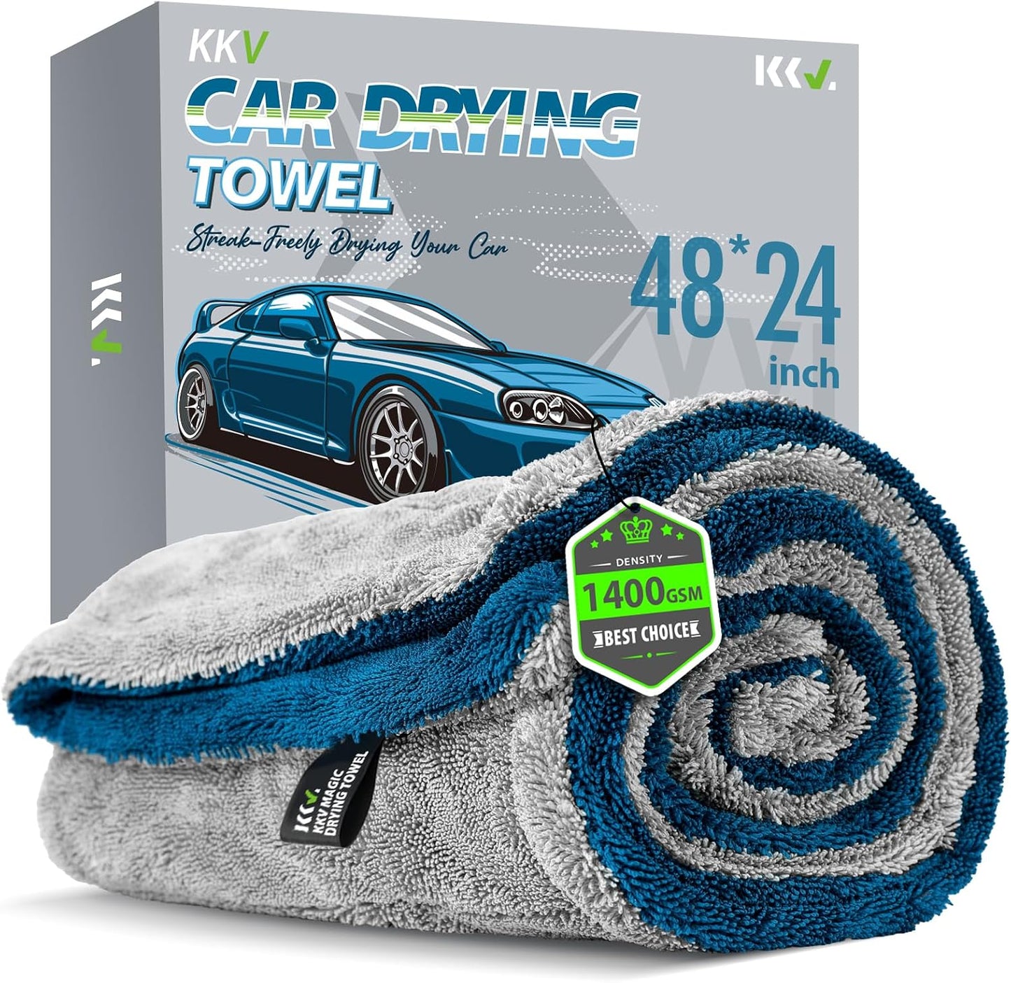 KKV Full-Sized SUV Drying Towel, 48”x24” Dual Sided Microfiber Car Cleaning Towel with Twisting Yarn Technique, 1400GSM Super Absorbent, Scratch-Free, Machine Washable (Darkgray-GreenYellow)