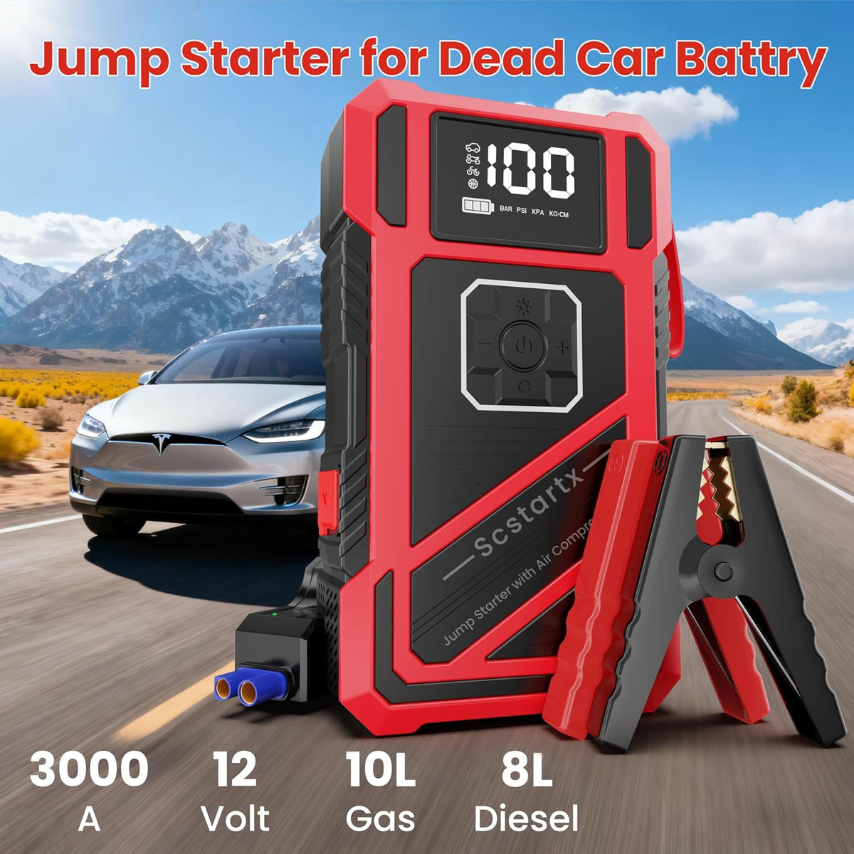 3000A Peak Car Jump Starter with 150PSI Air Compressor – Smart Jump Cable, LED Flashlight & USB Charger, 12V Emergency Starter for Vehicles up to 10L Gas & 8L Diesel