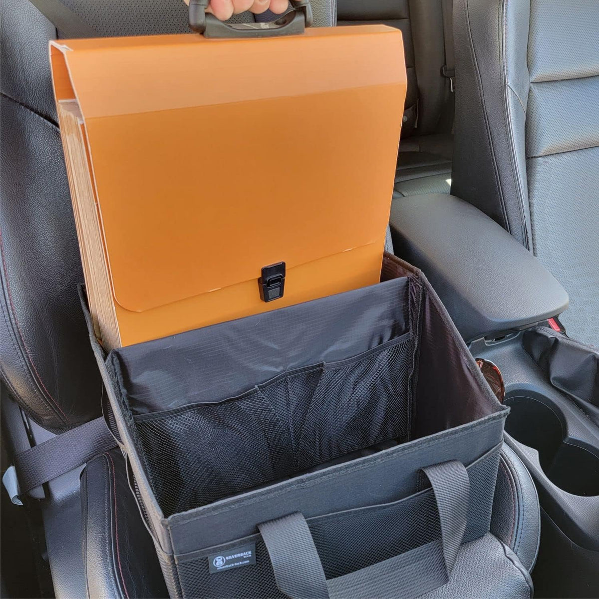 New Wider Tote Organizer, Collapsible with Elastic Strap for Easy Storage, Center Back Seat Container with Seat Belt Securing Loop. Tesla Accessories (Black XL Tote, 1 pack)