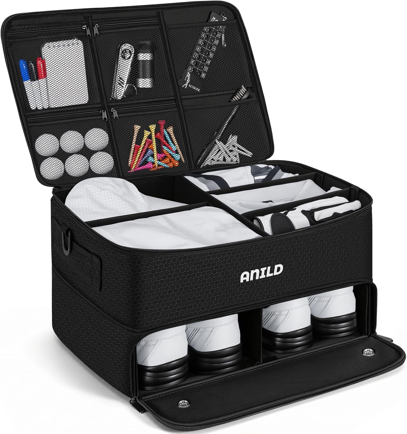 ANILD Golf Trunk Organizer, 2 Layer Golf Storage Case with Separate Ventilated Compartment for 2 Pair Shoes, for Balls, Tees, Clothes, Gloves, Accessories, Golfer Gifts